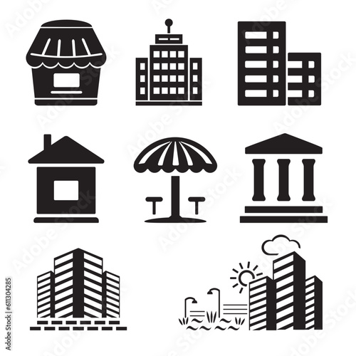 A set of vector icons of real estate, houses and buildings.