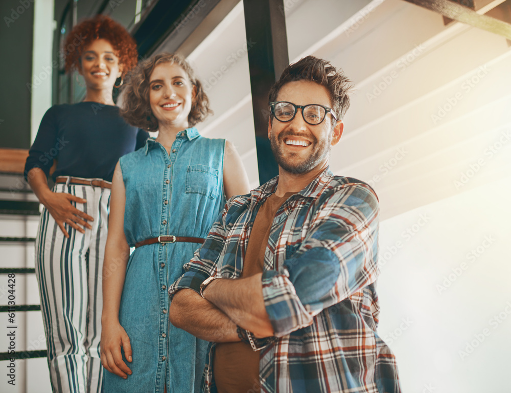 Fototapeta premium Portrait, designers or happy people on stairs for team building, motivation or collaboration success. Startup company, teamwork or proud employees smiling with confidence or positive mindset on steps