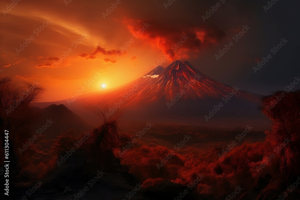 volcano at sunset.