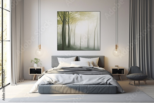 Modern bedroom  and living room in a contemporary house  with a 3D mockup canvas frame on the wall  Generated with AI