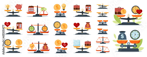 Scales work balance. Time is money, idea and home life, job and time. Vector illustration
