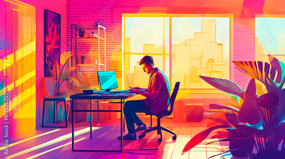 a middle - aged person working from home at a standing desk. Generative AI a middle - aged person working from home at a standing desk. Generative AI