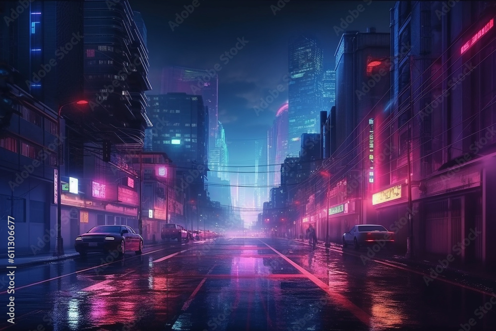 Futuristic cyberpunk city with blue and pink light trail. Concept sci fi downtown at night with skyscraper, highway and billboards. 3D illustration ai generated