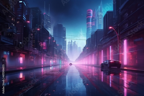 Futuristic cyberpunk city with blue and pink light trail. Concept sci fi downtown at night with skyscraper, highway and billboards. 3D illustration ai generated © Daniel