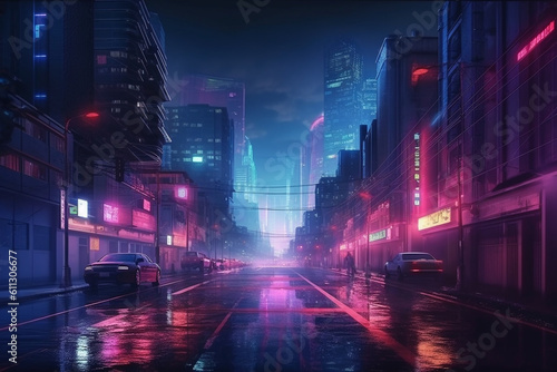 Futuristic cyberpunk city with blue and pink light trail. Concept sci fi downtown at night with skyscraper  highway and billboards. 3D illustration ai generated