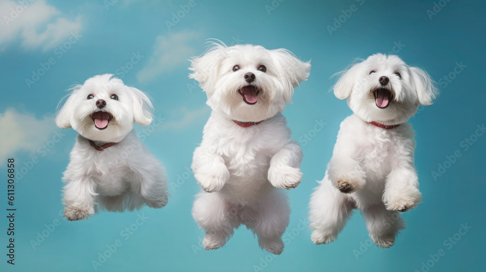 Fluffy Jumpers: Three Bichon Frise Dogs Leaping for Airborne Treats on Vibrant Background. Generative AI