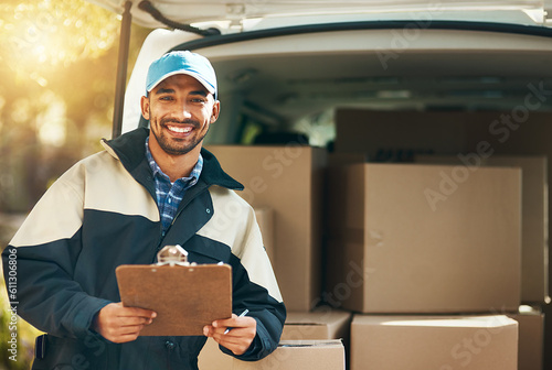 Happy, delivery and checklist with portrait of man for courier, logistics and shipping. Ecommerce, export and distribution service with male postman by van for mail, package and cargo shipment photo