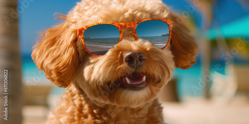 Coastal Companion: Smiling Poodle Dog Poses with a Funny Face on the Beach. Generative AI