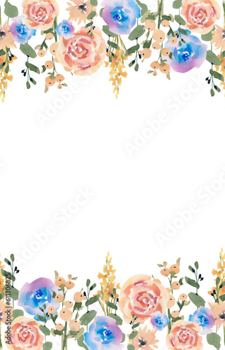 Seamless border of flowers. Watercolor illustration. Floral background. A frame of roses, peonies, gerberas, calendula, cosmea.