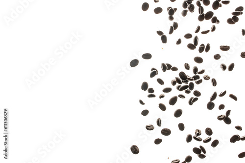 Roasted coffee beans falling on white background, Concept for coffee product advertising, Selective focus, place for text