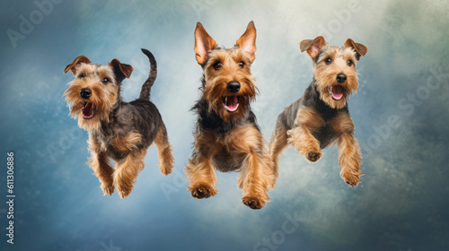 Dynamic Movement: Airedale Terriers Jumping to Catch Treats in Mid-Air. Generative AI