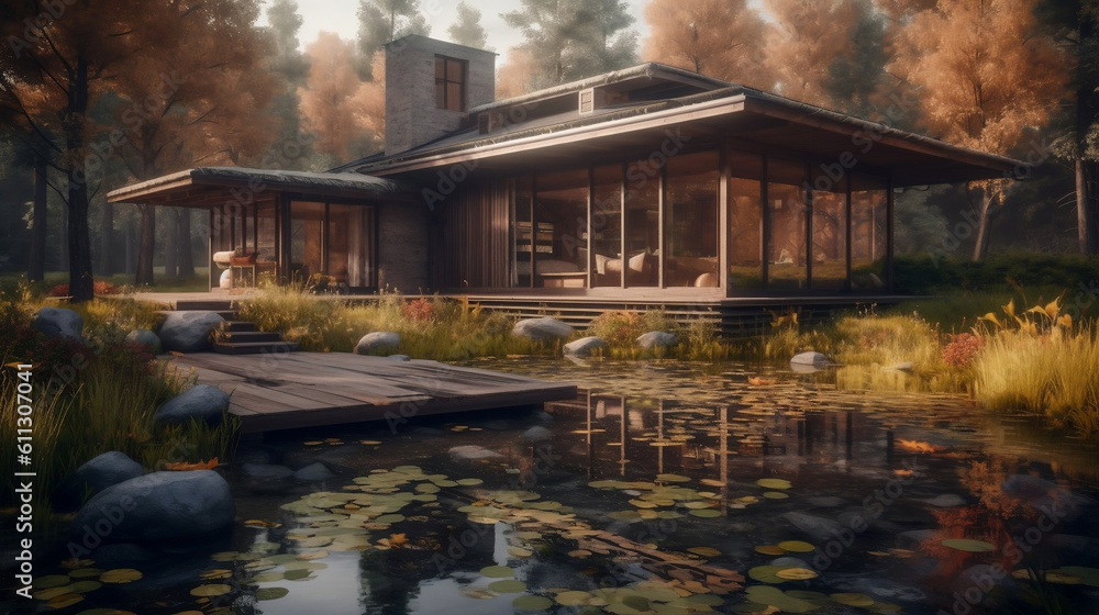 An architecture house among the natural forest with rustic landscape. Concept of cozy environment with pond in middle of the resident design. Generative ai. An architecture house among the natural forest with rustic landscape. Concept of cozy environment with pond in middle of the resident design. Generative ai.