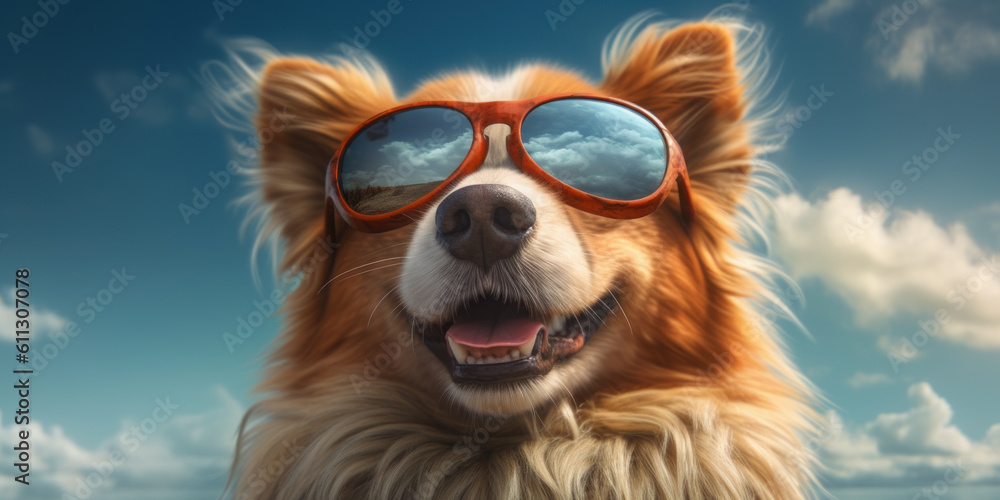 Beach Bliss: Funny Shetland Sheepdog Dog with a Smiling Expression, Rocking Sunglasses on the Shore. Generative AI
