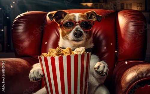 Cheerful Jack Russell Terrier with Red Glasses Watching Movies with Popcorn. Generative AI