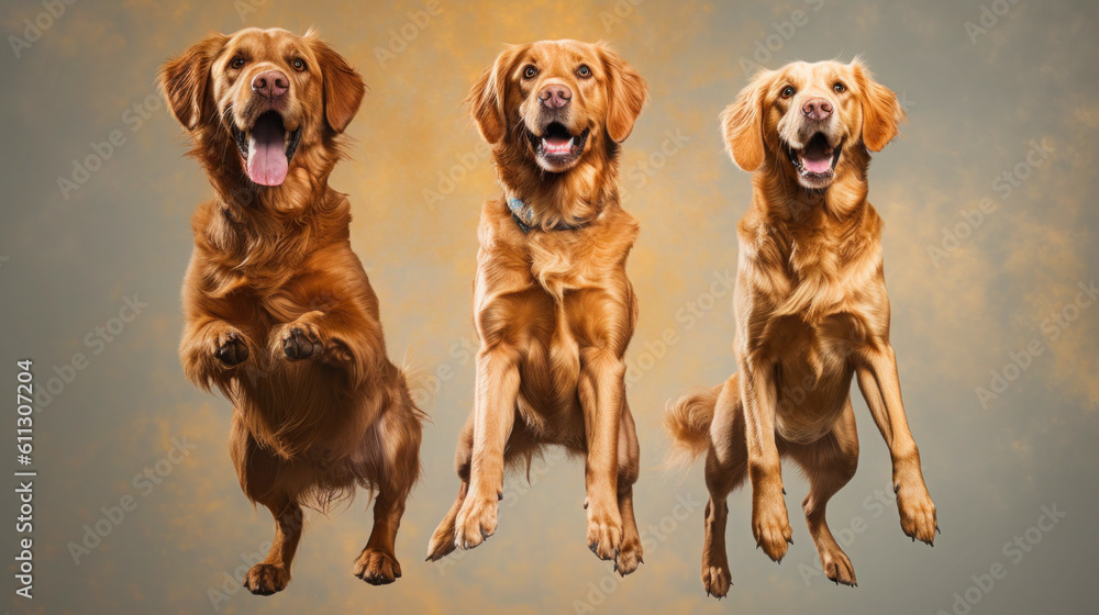 Playful Golden Retrievers in Vibrant Isolation - Energetic dogs jumping for treats against a colorful background. Generative AI