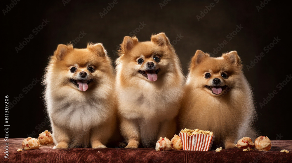 studio shot of 3 cute Pomeranian dogs catching treats on an isolated background. Generative AI