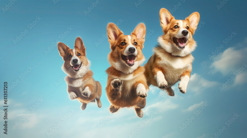 Jumping Joy: 3 Cute Pembroke Welsh Corgi Dogs Catching Treats in Vibrant Isolation. Generative AI