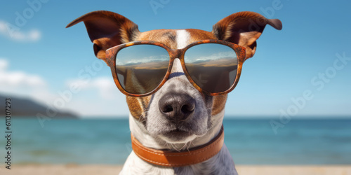 Playful Summer Companion. Cute Dog in Sunglasses on the Beach. Generative AI © Bartek