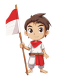 boy cartoon character element holding indonesian flag, generative ai