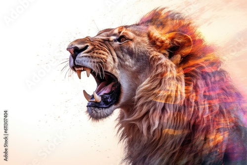 Roaring lion double exposure illustration - Generative AI.