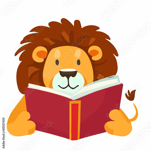 lion reading a book - childrens drawing - flat vector art