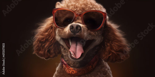 cute smiling Poodle Dog in sunglasses with funny expression on its face, posing on a dark studio backdrop. Generative AI © Bartek