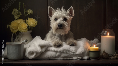 Zen and Beauty: Spa Relaxation with a Scottish Terrier. Generative AI © Bartek
