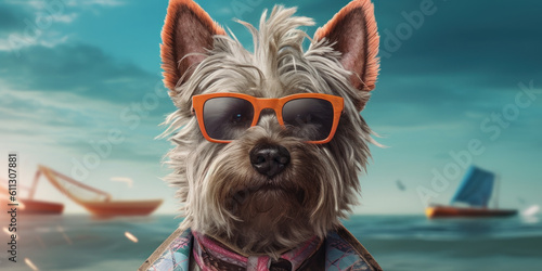 Beach Barks: Funny Scottish Terrier Dog with a Smiling Face Wearing Sunglasses, Striking a Pose. Generative AI