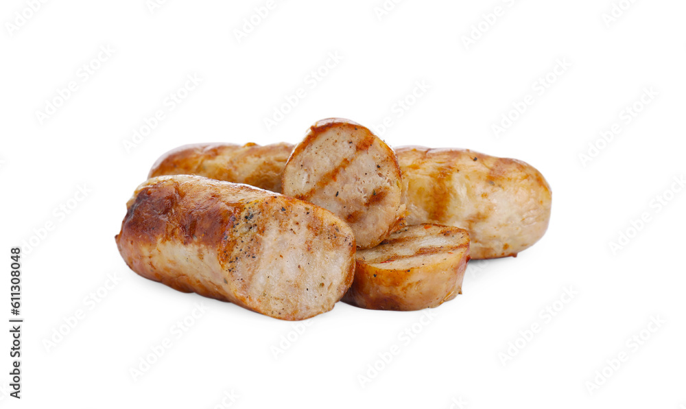 Tasty fresh grilled sausages isolated on white Tasty fresh grilled sausages isolated on white