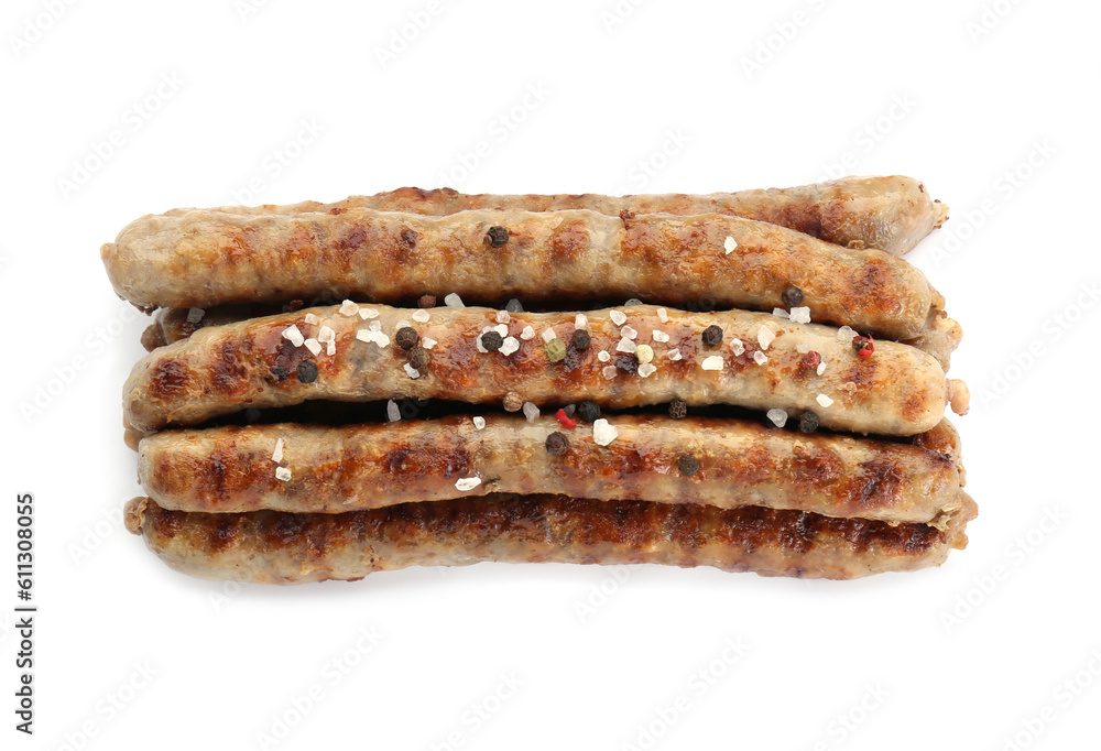 Tasty grilled sausages with spices isolated on white, top view Tasty grilled sausages with spices isolated on white, top view
