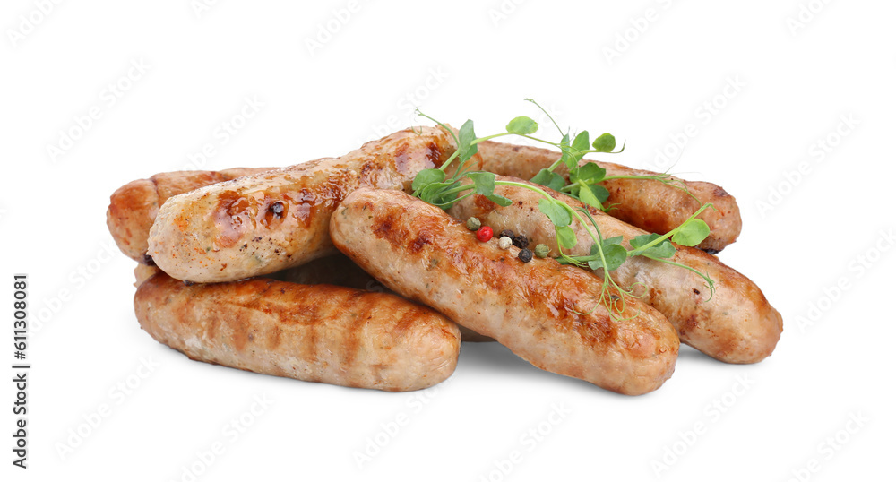 Tasty grilled sausages with microgreens isolated on white Tasty grilled sausages with microgreens isolated on white