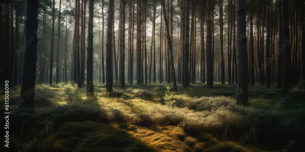 Obraz premium Woodland meadow landscape. Evergreen, deep forest with sunlight. Summer nature background, wallpaper. Generative ai