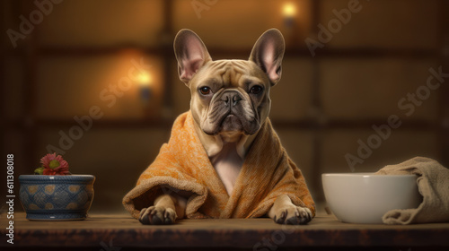 Canine Retreat: Smiling French Bulldog Enjoys Pampering in Spa Studio Amidst Candles and Flowers. Generative AI © Bartek