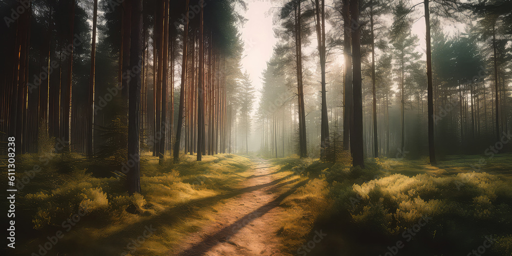 Obraz premium Woodland meadow landscape. Evergreen, deep forest with sunlight. Summer nature background, wallpaper. Generative ai