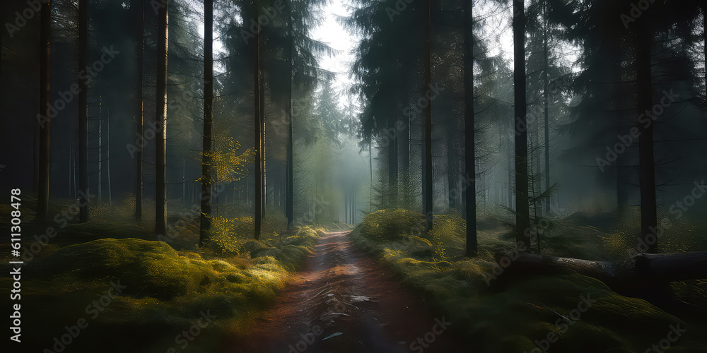 Fototapeta premium Woodland meadow landscape. Evergreen, deep forest with sunlight. Summer nature background, wallpaper. Generative ai