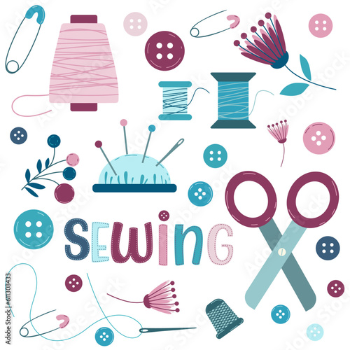 sewing tools isolated on background Needlework concept. Various sewing tools. Needles, scissors, yarn, buttons, spools, threads etc. colored vector set. , flat 
