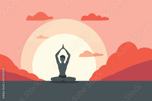 international yoga day copy space banner vector illustration, yoga at sunset