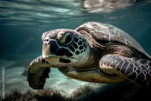 A large sea turtle swims in the sea.