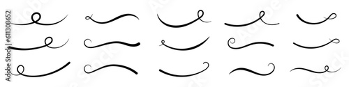 Swoosh and swash, swish vector line icon, black underline set, hand drawn swirl and curly text elements. Doodle retro collection isolated on white background.