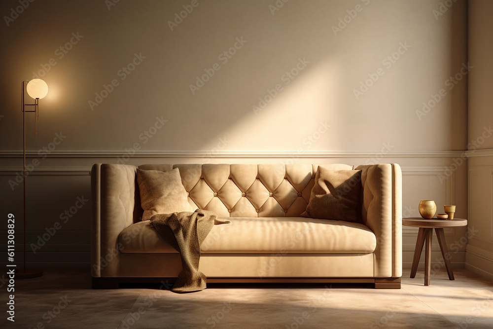 Cream suede leather sofa, brown cushion, blanket in sunlight on beige wall, parquet floor living room, kitchen dining room for interior design decoration, luxury living lifestyle, generative AI
Cream suede leather sofa, brown cushion, blanket in sunlight on beige wall, parquet floor living room, kitchen dining room for interior design decoration, luxury living lifestyle, generative AI