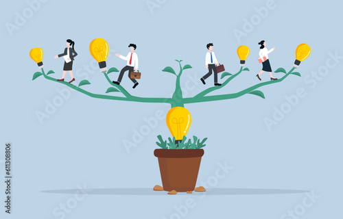 Implement ideas to expand business, applying concept to work, studying more knowledge for career development concept, Businesspersons walking along branches to light bulb tips of idea light bulb tree.