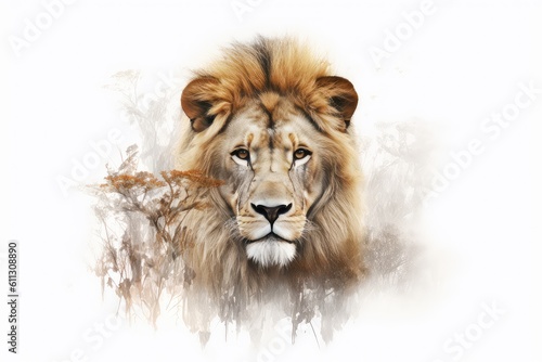 Lion in the trees double exposure illustration - Generative AI. © Mariia