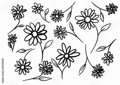 Black drawing line of seamless floral pattern, design for fabrics print or wallpaper, hand drawing vector, Isolated floral elements, daisy, aster, chrysanthemum. Line childish drawings