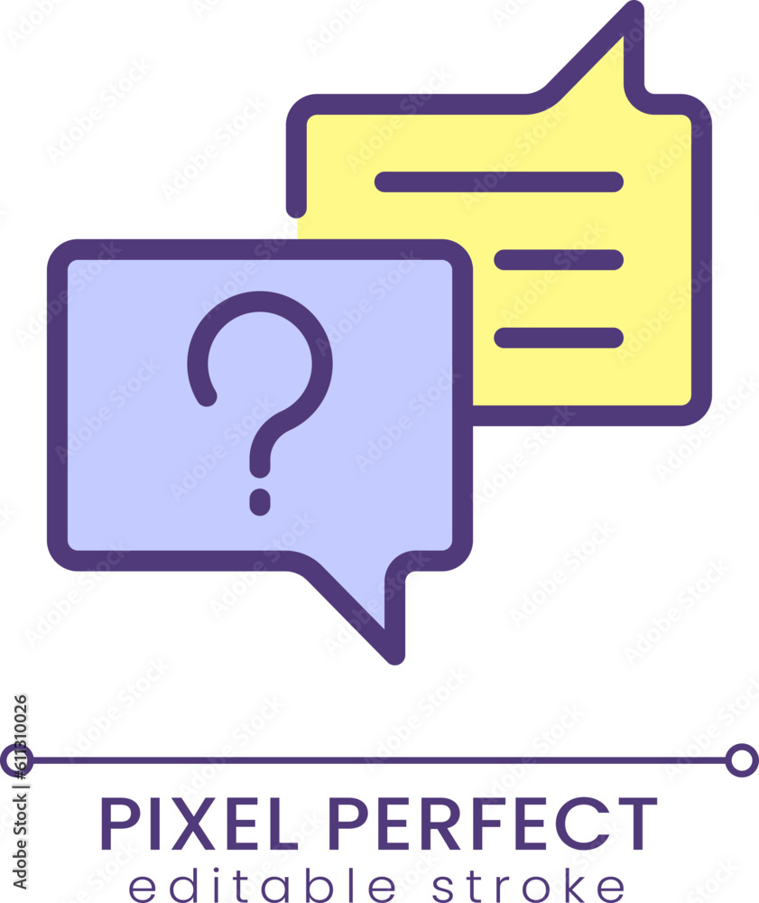 Asking question pixel perfect RGB color icon. Chat of information support service. Get answers. Isolated vector illustration. Simple filled line drawing. Editable stroke. Poppins font used Asking question pixel perfect RGB color icon. Chat of information support service. Get answers. Isolated vector illustration. Simple filled line drawing. Editable stroke. Poppins font used