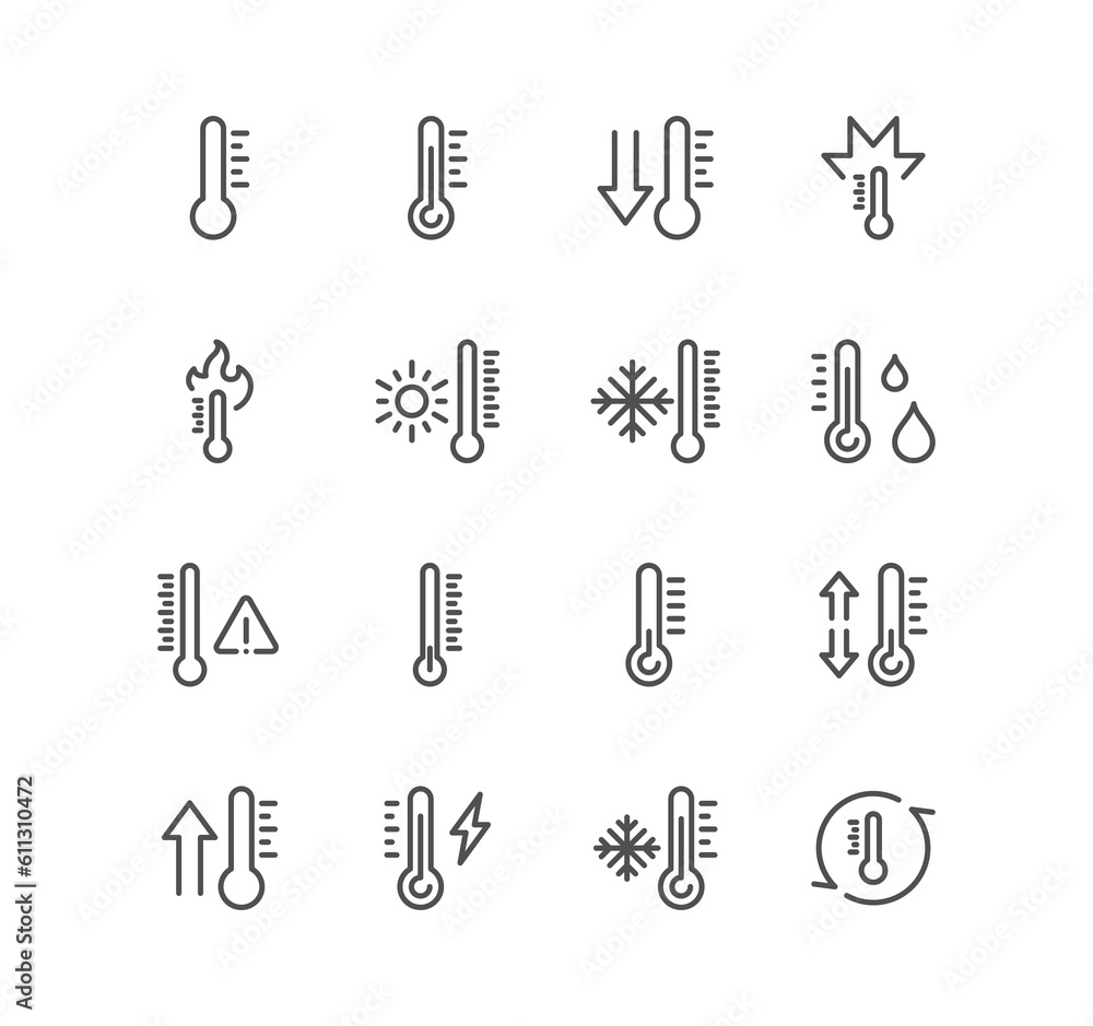 Set of temperature related icons, thermometer, pyrometer, thermostat, snowflake, overheat, temperature check, measurement and linear variety symbols.
Set of temperature related icons, thermometer, pyrometer, thermostat, snowflake, overheat, temperature check, measurement and linear variety symbols.