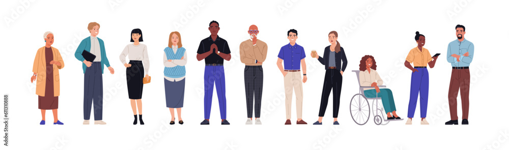 Business team. Vector illustration of diverse cartoon men and women of various ethnicities, ages, and body types in office outfits. Isolated on white. Business team. Vector illustration of diverse cartoon men and women of various ethnicities, ages, and body types in office outfits. Isolated on white.