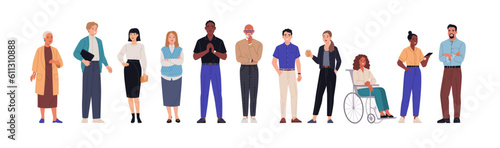 Business team. Vector illustration of diverse cartoon men and women of various ethnicities, ages, and body types in office outfits. Isolated on white. photo