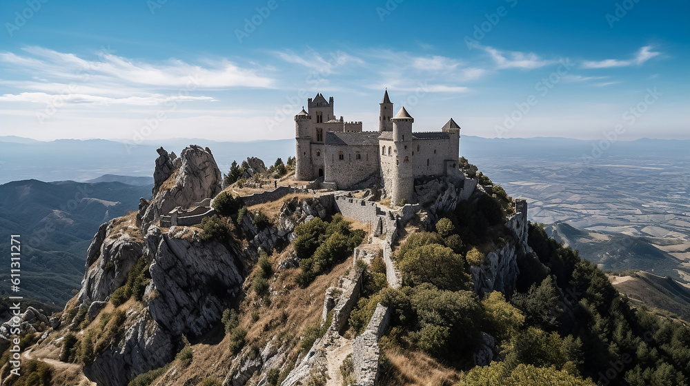 Castle on top of mountain sunny day with blue sky. generative ai