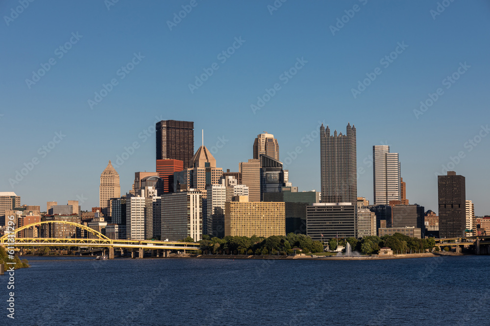 Cityscape of Pittsburgh, Pennsylvania. Allegheny and Monongahela Rivers in Background. Ohio River. Pittsburgh Downtown With Skyscrapers and Beautiful Sky. Postcard View.