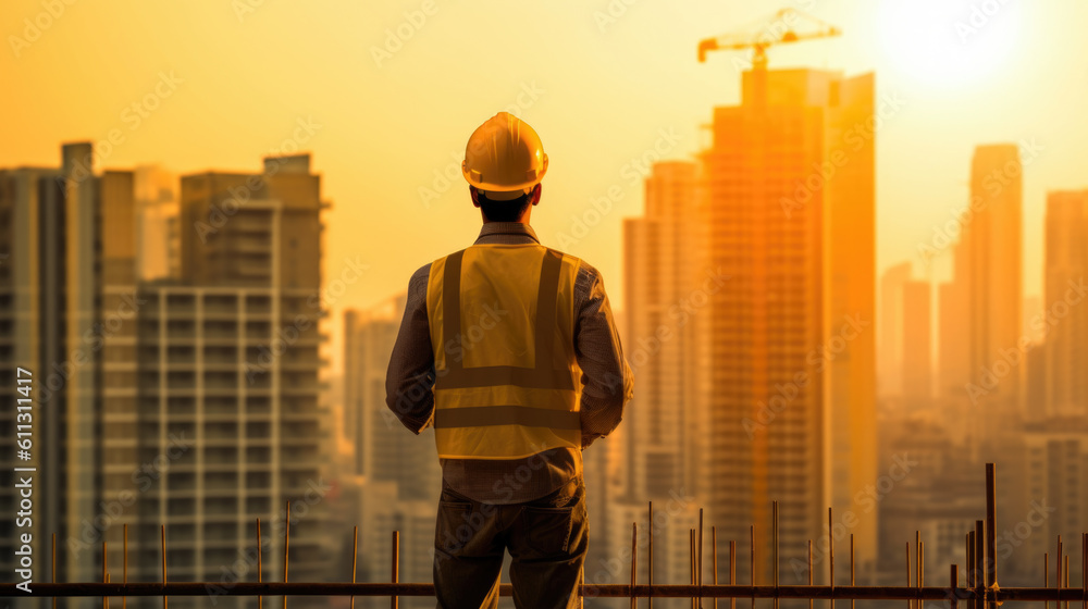 construction worker on top of building. generative ai construction worker on top of building. generative ai